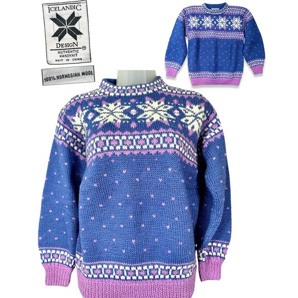 Vintage Icelandic Design Sweater Hand Knit Norwegian Wool Women's Small Grandma - Picture 1 of 9